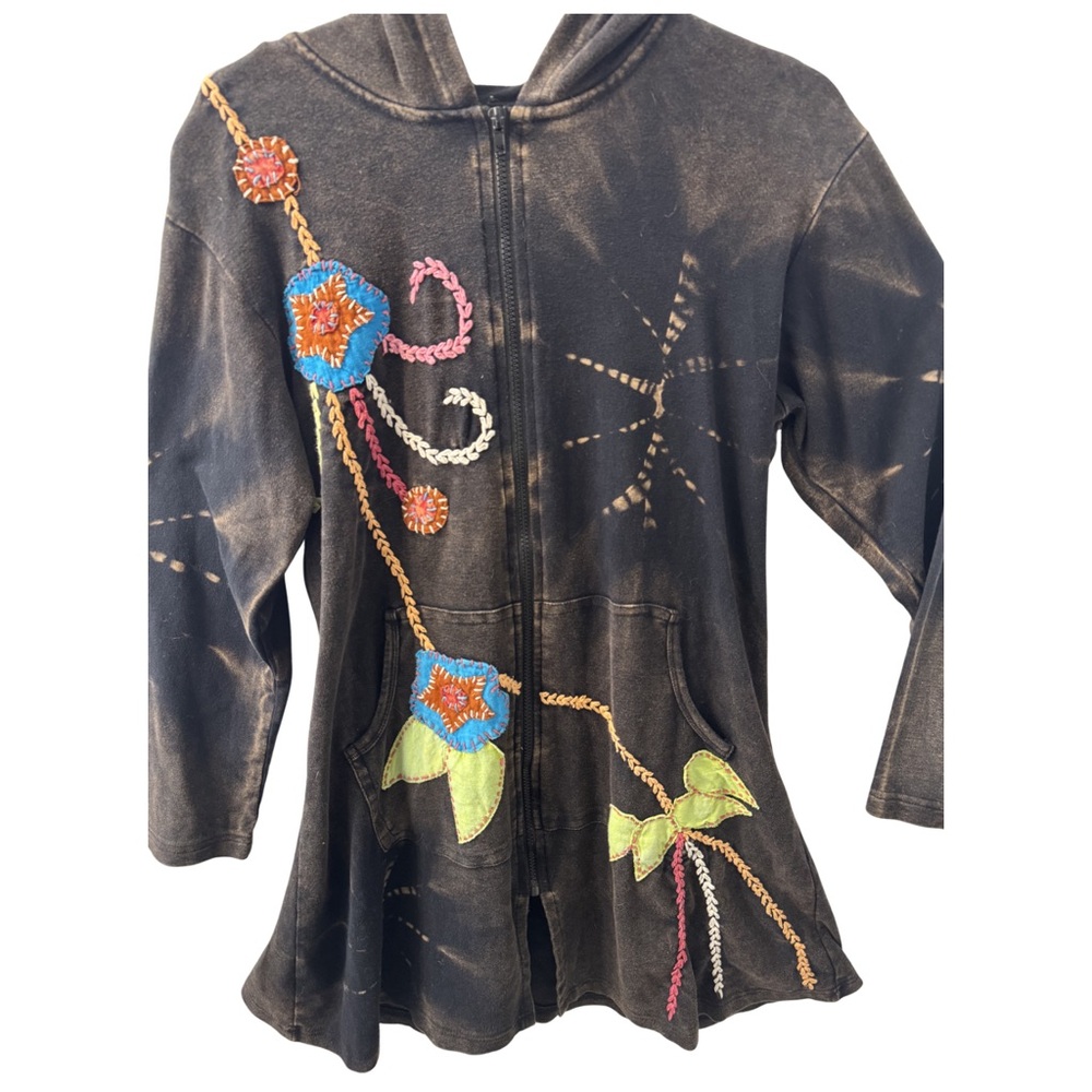 Long Bohemian Style Hooded Zip-up with Floral Embroidery